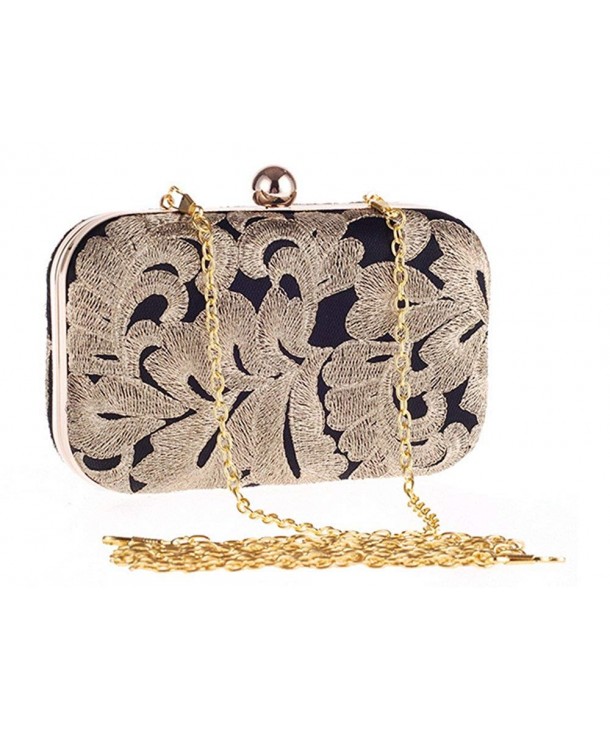 Vitnage Gold Leaf Embroidery Black Evening Clutch Hard case Prom Party ...