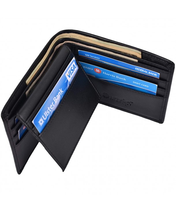 Mens Wallets Genuine Leather Slim Bifold Wallet Flipout ID Trifold RFID ...