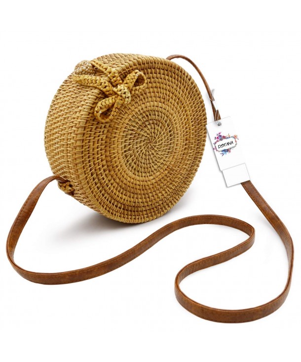 Round Handwoven Rattan Bag with Shoulder Leather Straps and Double ...
