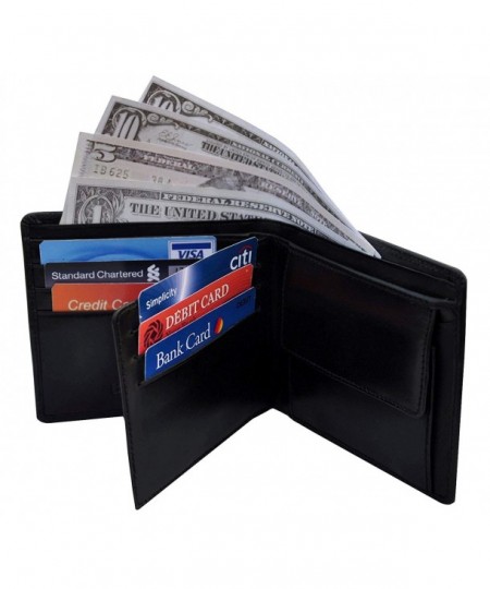 Trifold Bifold Mens Leather Wallet with Coin Pocket & Center Flip ID ...