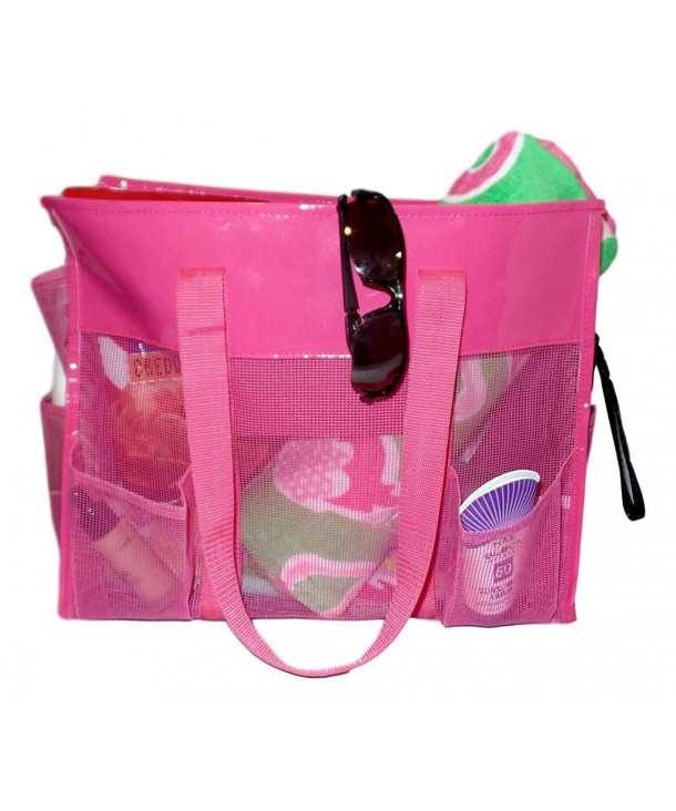 Waterproof Mesh Shopper Utility Beach Bag Zipper Organizing Tote - Pink ...